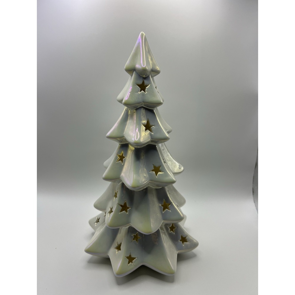 Ceramic Porcelain Christmas Tree With Lights Iridescent All White Snow 11" Read